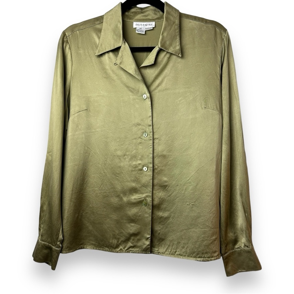 Evelyn & Arthur Vintage Soft Collared Button Down Satin SILK Green Blouse Shirt